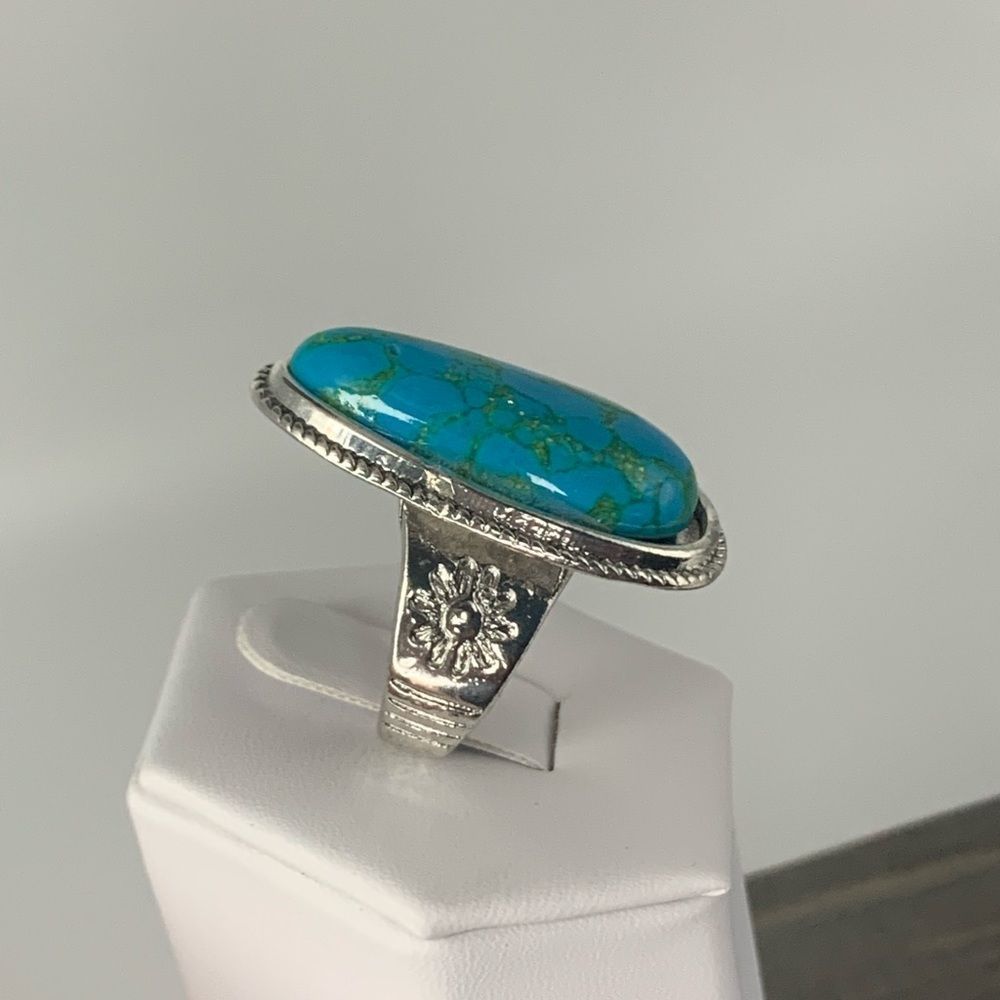 🌞925 Sterling Tibetan Silver Marquis cut Created Turquoise Cabochon Stone Ring - Picture 7 of 16